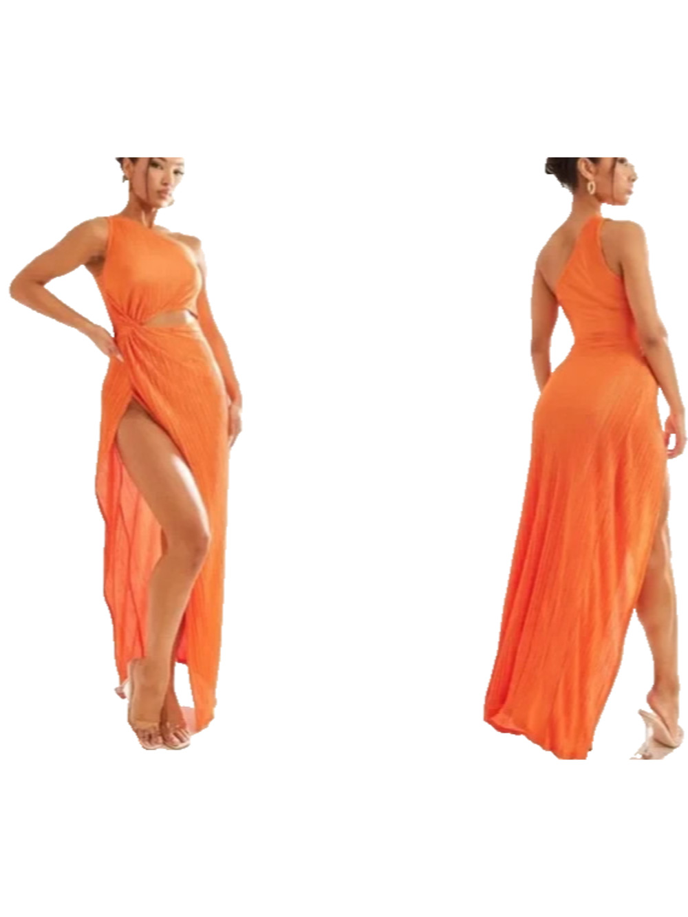 Pretty Little Thing Orange Plisse Y2k One Shoulder Maxi Dress Sz 2 A005446